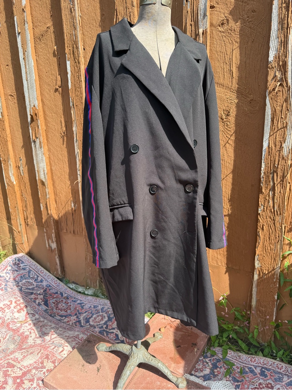 Ashley Stewart Black Double-Breasted Trench Coat with Purple Accent